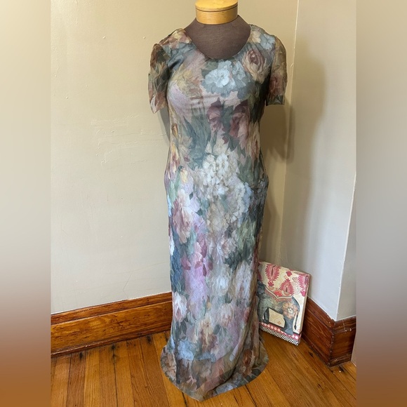Vintage 80s Fairy Floral Maxi Dress Sheer Watercolor Sz Small - Picture 1 of 9